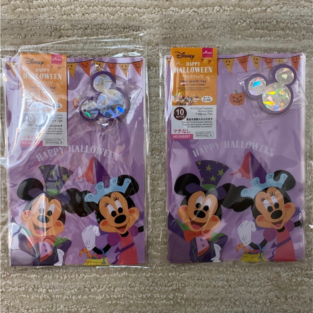 Set of 2 Daiso Mickey & Minnie Halloween Theme Clear Plastic Bags